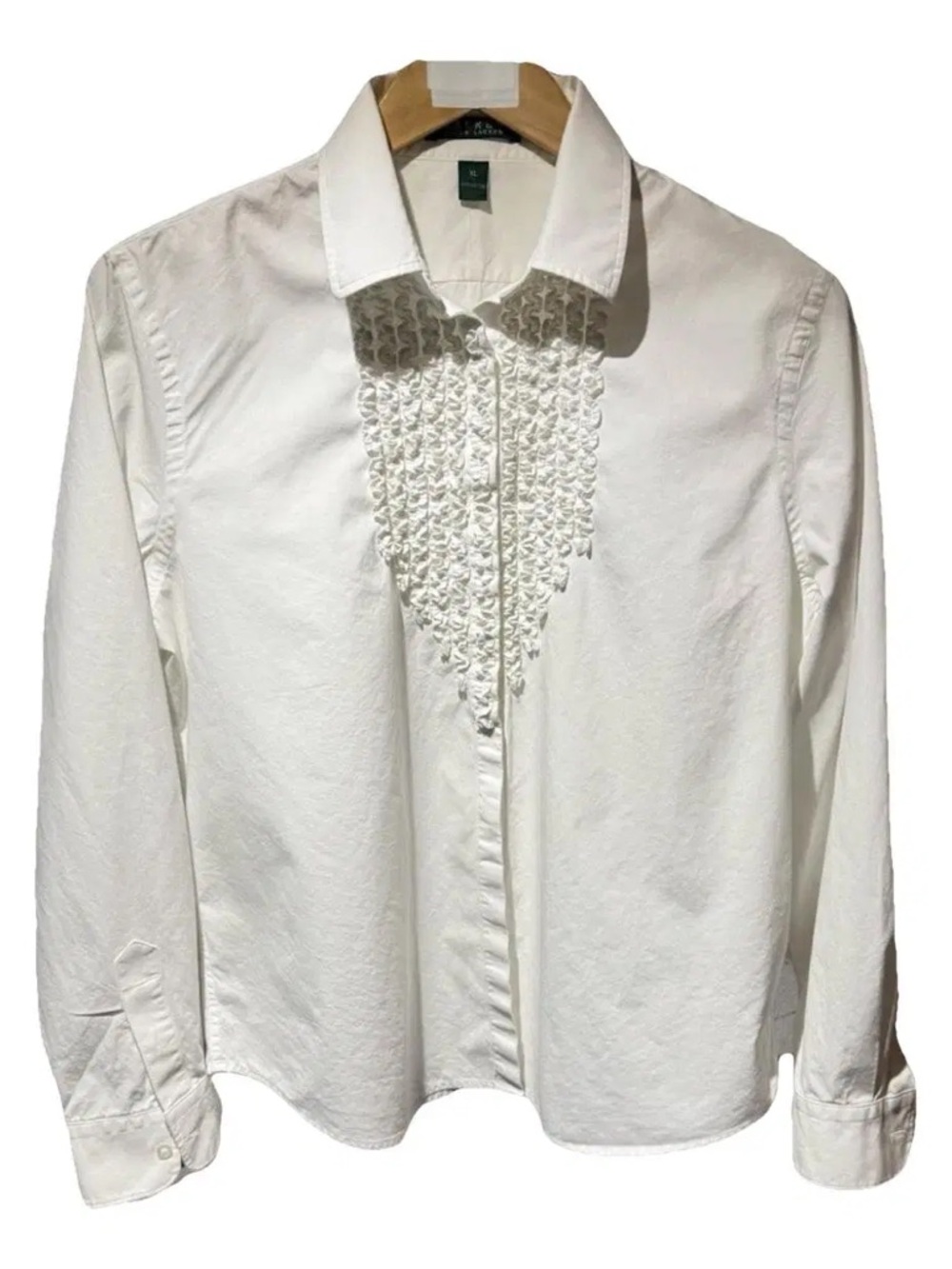 Ralph Lauren White Collared Button-Up Ruffle-front Blouse